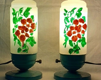 PAIR Vintage 1940s Night Lights Bedside Table Lamps w/Hand Painted Glass Shade Art Deco Mid Century