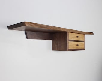 In Stock Petite live edge shelf walnut wall or entry shelf with two drawers organic modern style