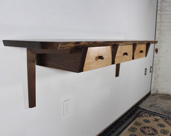 Custom walnut live edge 3 drawer wall unit floating desk entry table Mid Century Japanese Nakashima Style