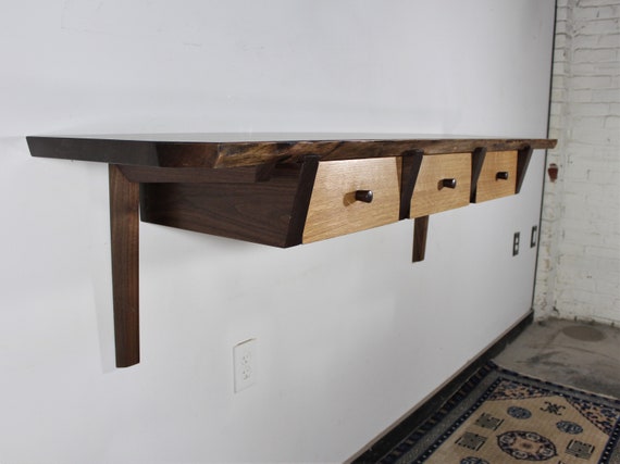 Custom Walnut Live Edge 3 Drawer Wall Unit Floating Desk Entry Custom Walnut Live Edge 3 Drawer Wall, How Deep Should A Floating Desk Be