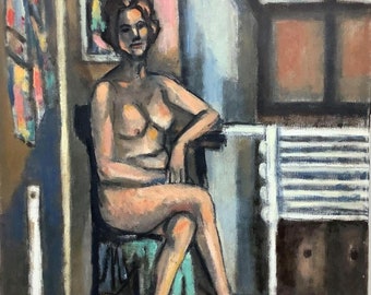 Vintage Mid Century 1950s Frederick Robbins Childs Expressionist Oil Painting on Canvas "Nude and Rouault Reproduction"