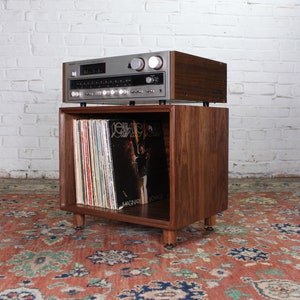Solid walnut record vinyl storage unit or end table bookcase mid century organic modern style