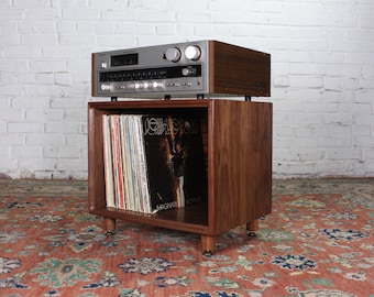 Solid walnut record vinyl storage unit or end table bookcase mid century organic modern style
