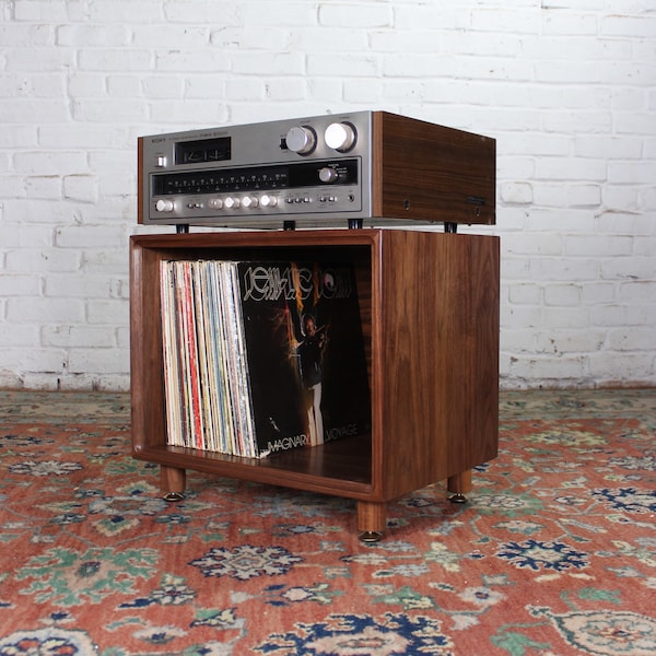 Solid walnut record vinyl storage unit or end table bookcase mid century organic modern style