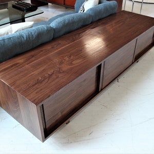 80 inch Custom handmade solid walnut media console cabinet sofa table in mid century minimalist style image 2
