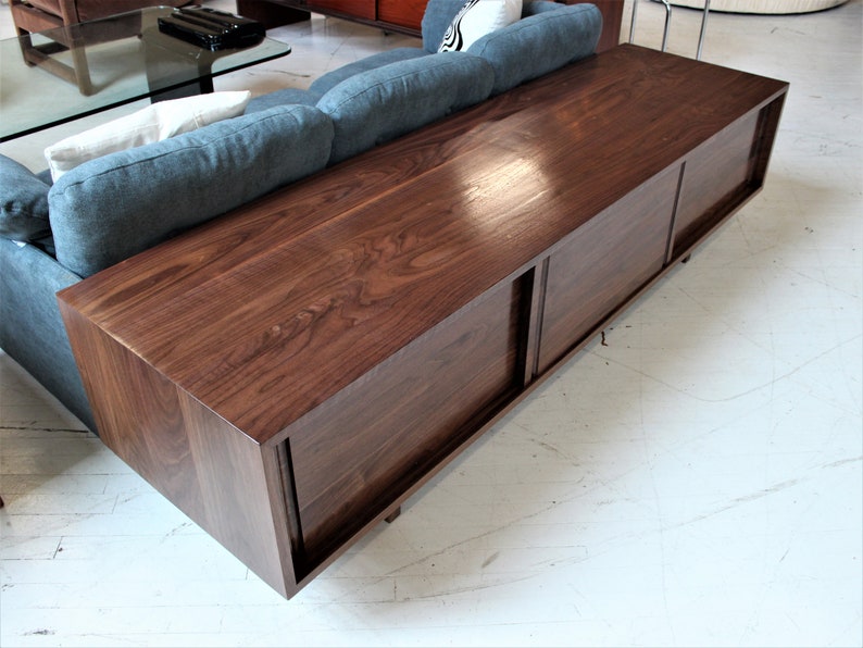 80 inch Custom handmade solid walnut media console cabinet sofa table in mid century minimalist style image 2