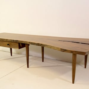 Walnut Live Edge Slab Crotch Cut Coffee Table Bench With Drawer Mid Century Studio Style image 1