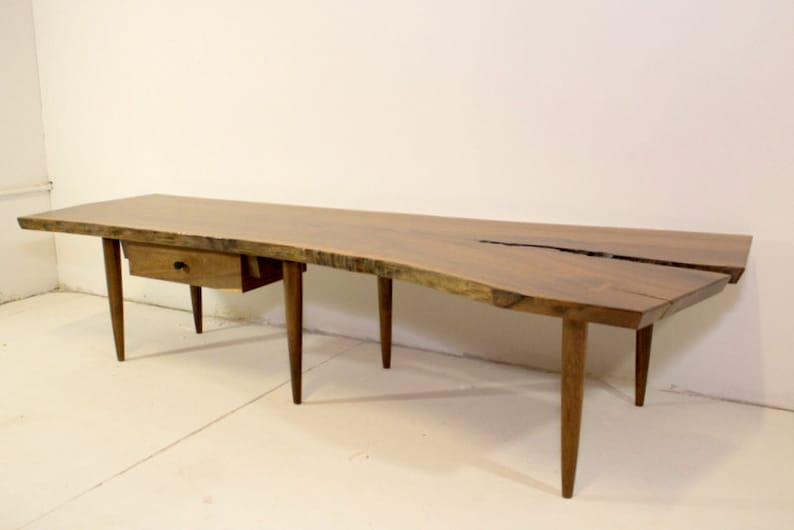 Walnut Live Edge Slab Crotch Cut Coffee Table Bench With Drawer Mid Century Studio Style image 1