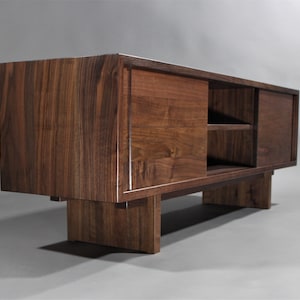 60 inch Custom handmade solid walnut media console cabinet tv stand in mid century minimalist studio and contemporary style
