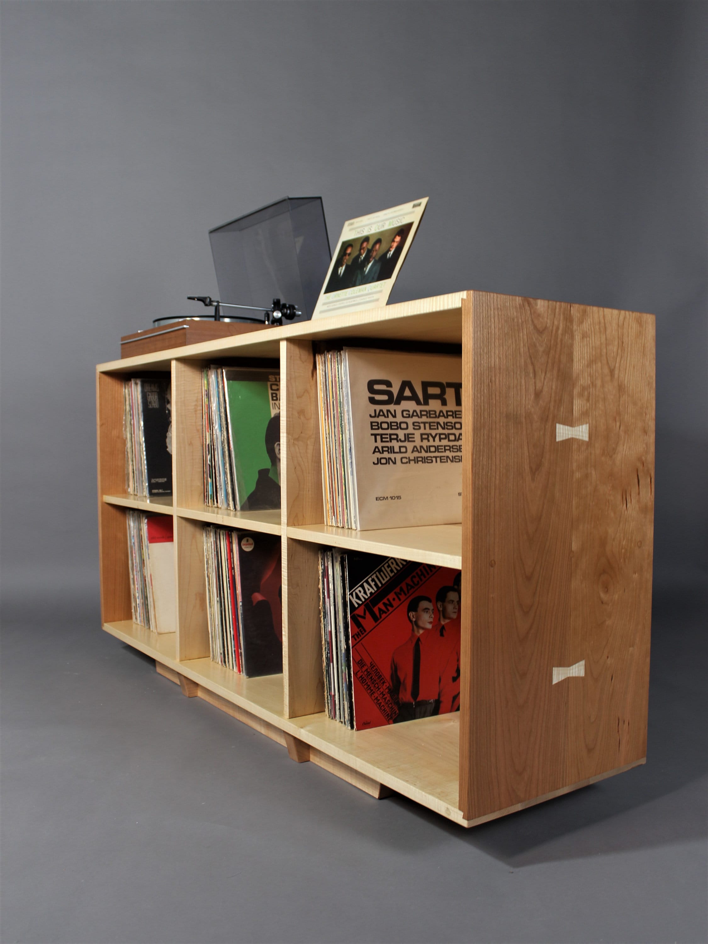 Solid hard maple and cherry record vinyl storage unit bookcase mid century style