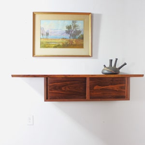 Custom Nakashima style walnut live edge wall hanging floating cabinet credenza with shelf and sliding doors