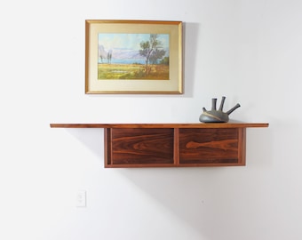 Custom Nakashima style walnut live edge wall hanging floating cabinet credenza with shelf and sliding doors