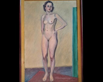 1933 Art Deco Philadelphia Artist Frederick J. Gill Standing Nude Realist Figurative Oil Painting on Canvas