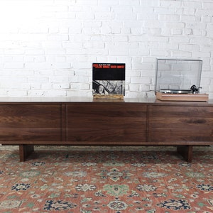 80 inch Custom handmade solid walnut media console cabinet sofa table in mid century minimalist style image 5