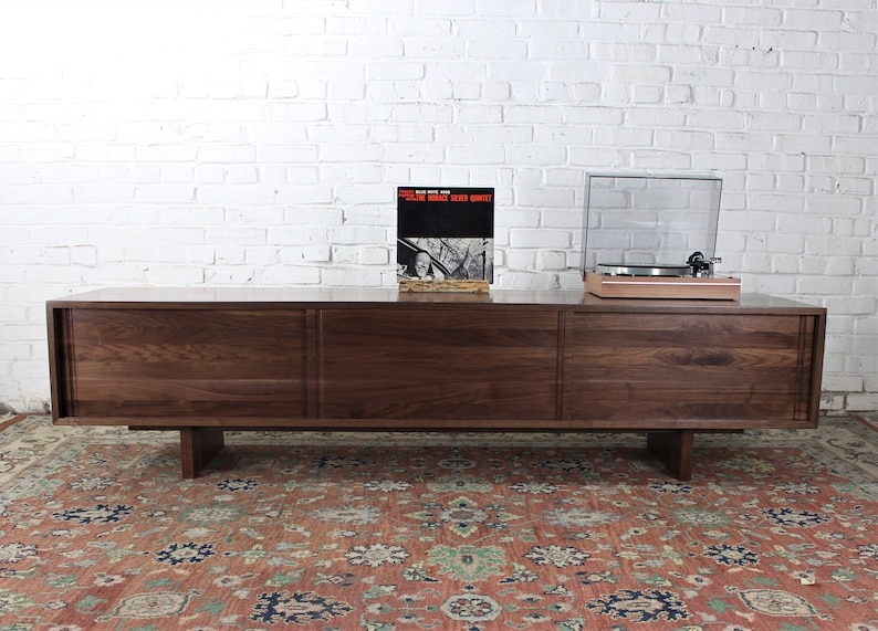 80 inch Custom handmade solid walnut media console cabinet sofa table in mid century minimalist style image 5