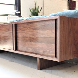 80 inch Custom handmade solid walnut media console cabinet sofa table in mid century minimalist style