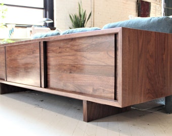 80 inch Custom handmade solid walnut media console cabinet sofa table in mid century minimalist style
