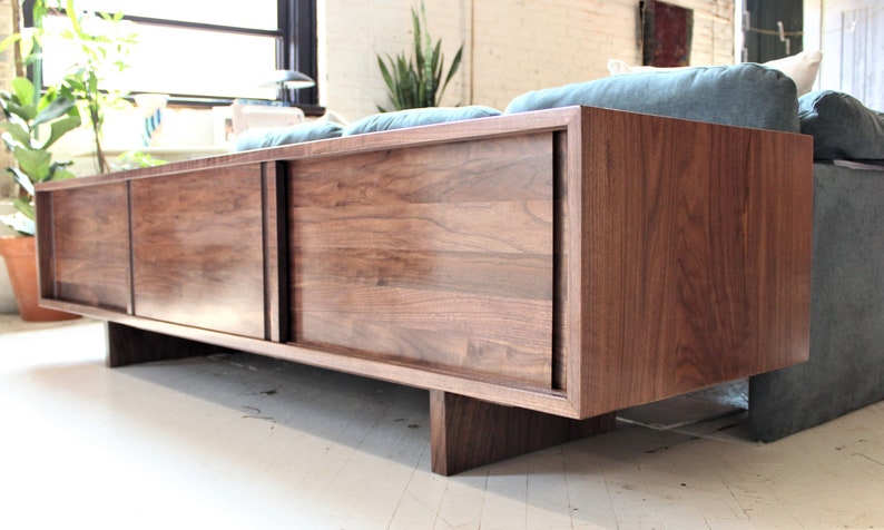 80 inch Custom handmade solid walnut media console cabinet sofa table in mid century minimalist style image 1