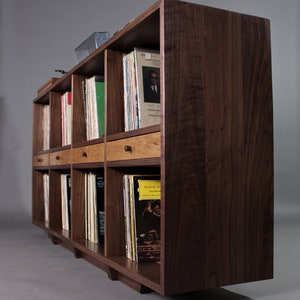 Solid mid century style walnut and oak two tier record bookcase room divider with drawers