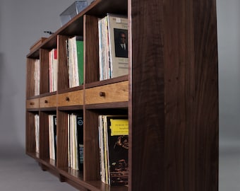 Solid mid century style walnut and oak two tier record bookcase room divider with drawers