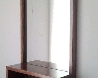 Custom Walnut Entry Hall Mirror with wall shelf Mid Century Style to Modern Minimalist Style