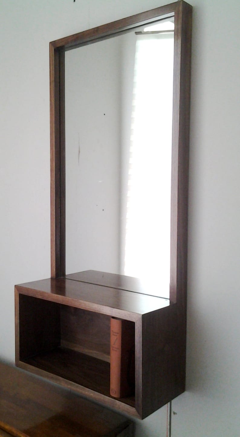 Custom Walnut Entry Hall Mirror with wall shelf Mid Century Style to Modern Minimalist Style image 1