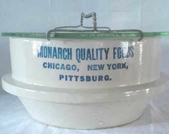 Antique Commercial Stoneware Pickle Dispenser Jar Crock Monarch Quality Foods PA NYC