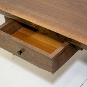 Walnut Live Edge Slab Crotch Cut Coffee Table Bench With Drawer Mid Century Studio Style image 3