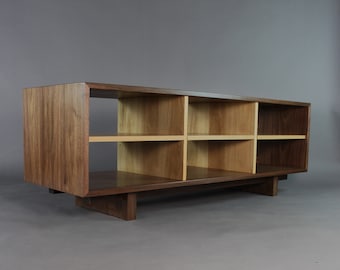 Solid walnut and white oak media console room divider low case organic modern mid century style design