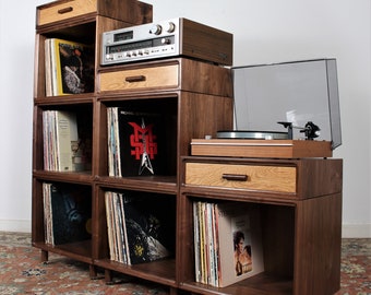 MODS stackable by the piece bookcase vinyl record case storage system handmade from solid hardwoods