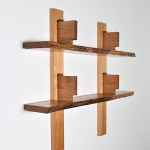 Custom made 60 inch Pierre Chapo bibliotheque style live edge cherry double shelf system Mid Century Brutalism Contemporary