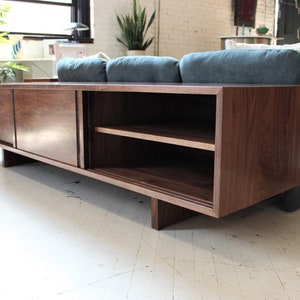 80 inch Custom handmade solid walnut media console cabinet sofa table in mid century minimalist style image 3