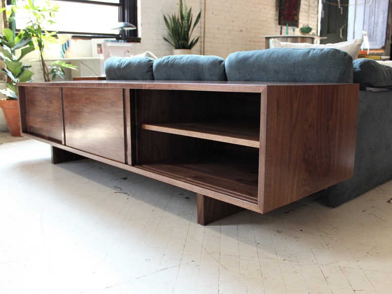 80 inch Custom handmade solid walnut media console cabinet sofa table in mid century minimalist style image 3
