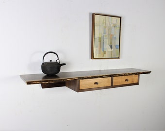 Custom walnut live edge shelf or floating table with two drawers in a case Contact for shipping quote