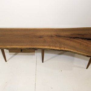 Walnut Live Edge Slab Crotch Cut Coffee Table Bench With Drawer Mid Century Studio Style image 2