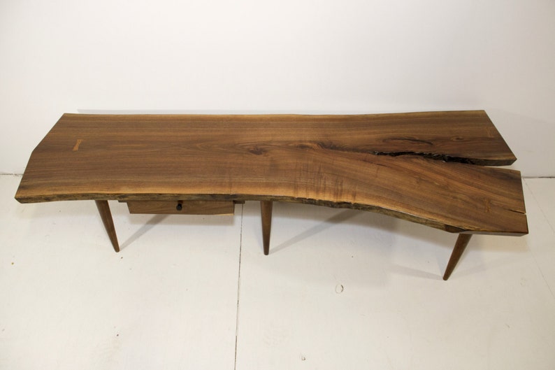 Walnut Live Edge Slab Crotch Cut Coffee Table Bench With Drawer Mid Century Studio Style image 2