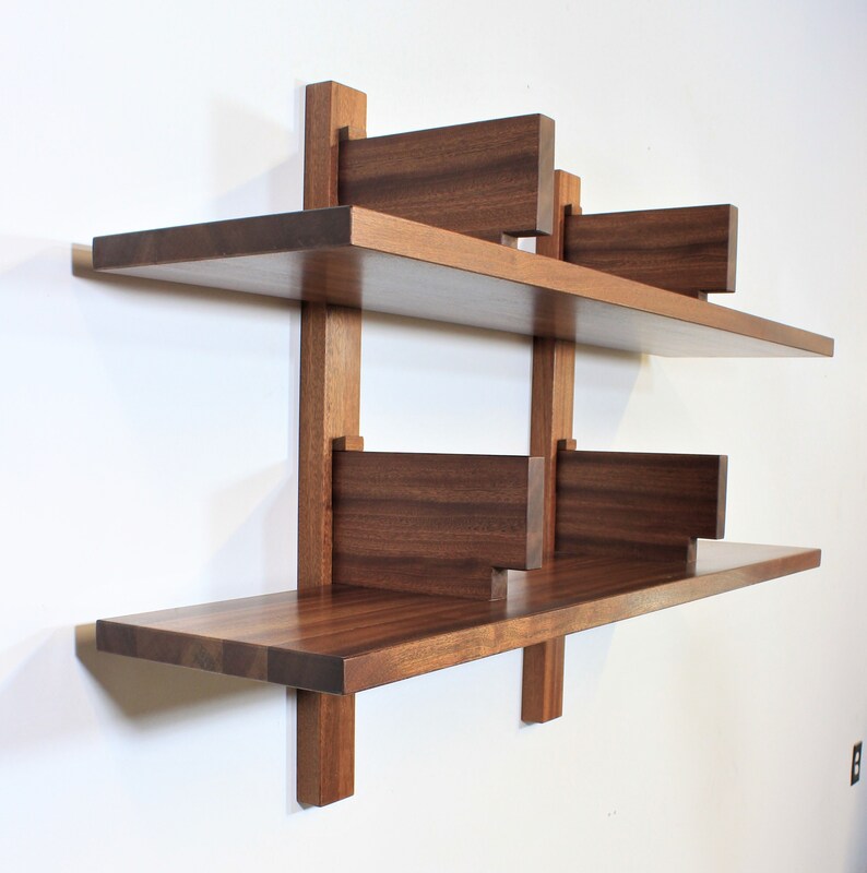 Custom Double Mahogany Floating Wall Shelf in the Style of Etsy
