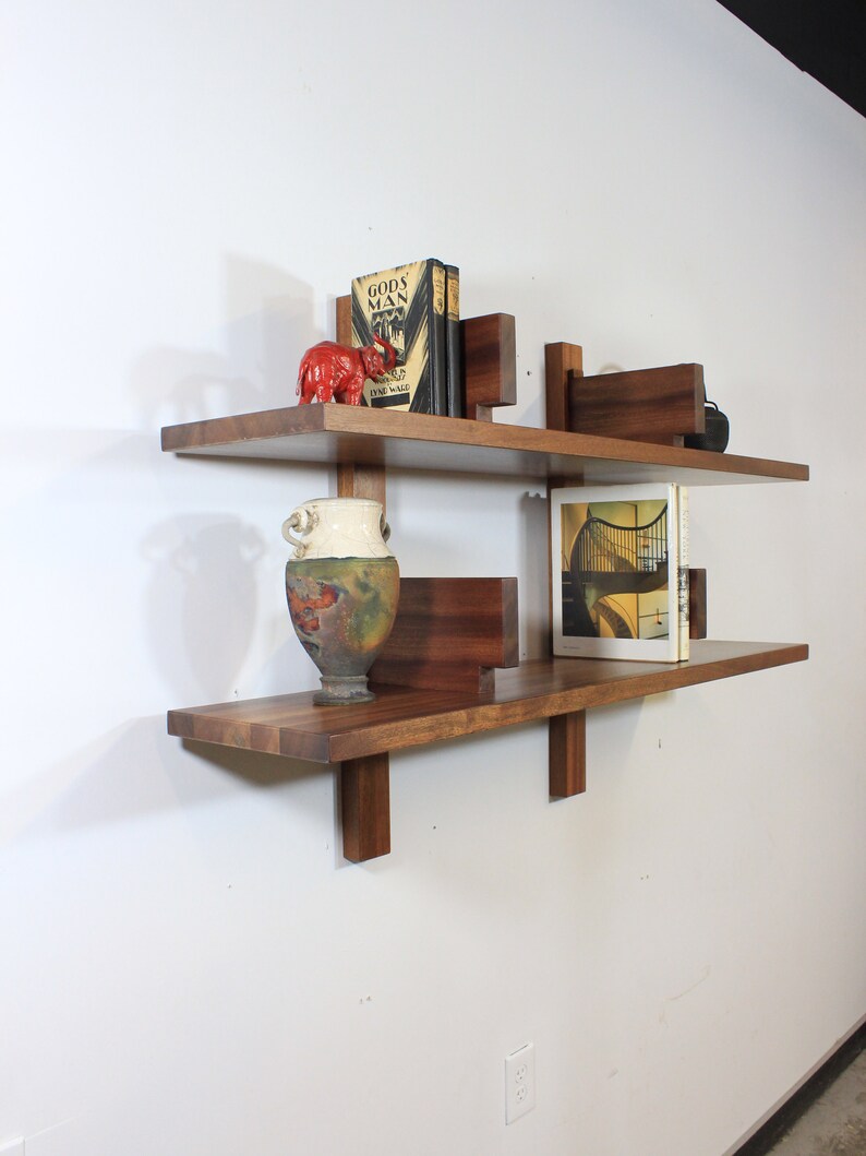 Custom Double Mahogany Floating Wall Shelf in the Style of Etsy