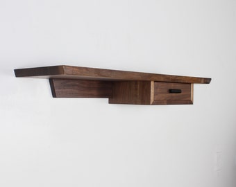 Petite live edge walnut custom shelf walnut wall or entry shelf with one drawer mid century organic modern style