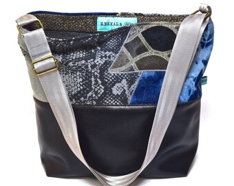 Large Vegan Shoulder Bag - Bleach-Dyed Denim and Metallics