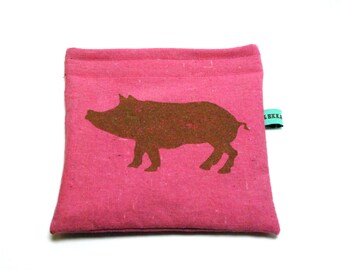 Reusable Snack Bag - Reusable Sandwich Bag - Hand Dyed Pink with Brown Pig
