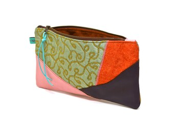 Repurposed Leather Clutch - Pink, Purple, Orange and Brown