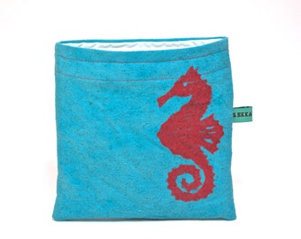 Reusable Snack Bag - Reusable Sandwich Bag - Hand Dyed Hand Printed Seahorse