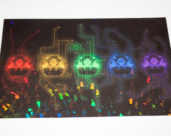 Mario Mushrooms x Tron - 8x5 Holographic Print [ Mario / Tron / Space Invaders / Fan Art ]