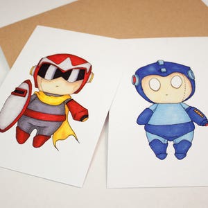 Mini Proto Man & Mega Man Set - 4x6 Print [ Capcom / Fan Art / Chibi ]