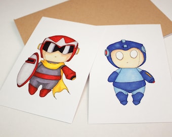 Mini Proto Man & Mega Man Set - 4x6 Print [ Capcom / Fan Art / Chibi ]