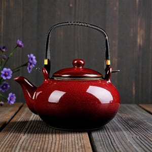 Könnte beinhalten: Eine rote Keramik-Teekanne mit schwarzem Griff und Deckel. Die Teekanne hat eine glänzende Oberfläche und eine abgerundete Form. Der Griff besteht aus gewebtem Material. Die Teekanne steht auf einer Holzoberfläche.