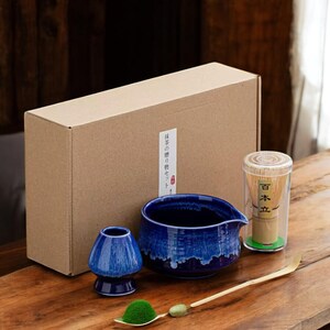 Blå Keramik Matcha Teservis – Wabi-Sabi Skål, Bambu Visp & Skopa