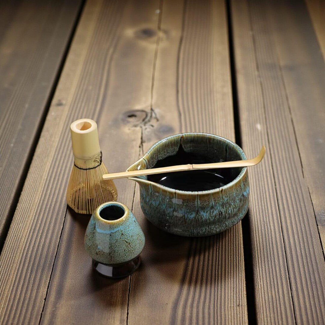 Handmade Ceramic Matcha Tea Set | Rustic Ocean Blue Chawan, Bamboo ...