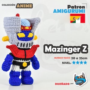 May include: A handmade crochet Mazinger Z doll, featuring a red, blue, yellow, black, and gray color scheme. The doll is approximately 20 to 25 cm tall. The image includes text that says "Anime Collection" and "Amigurumi Pattern".